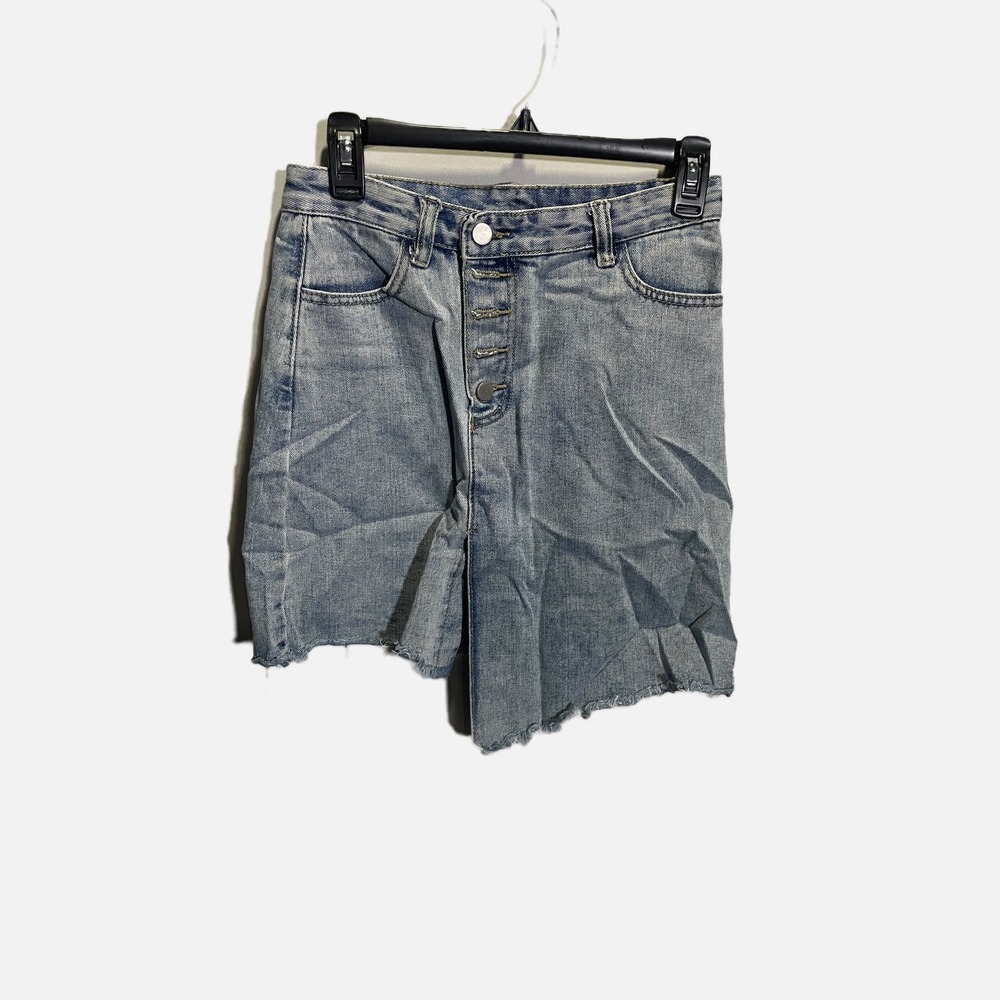Elephant Women Blue Denim Asymmetrical Raw Hem Mini Skirt‎ Button Fly Size L